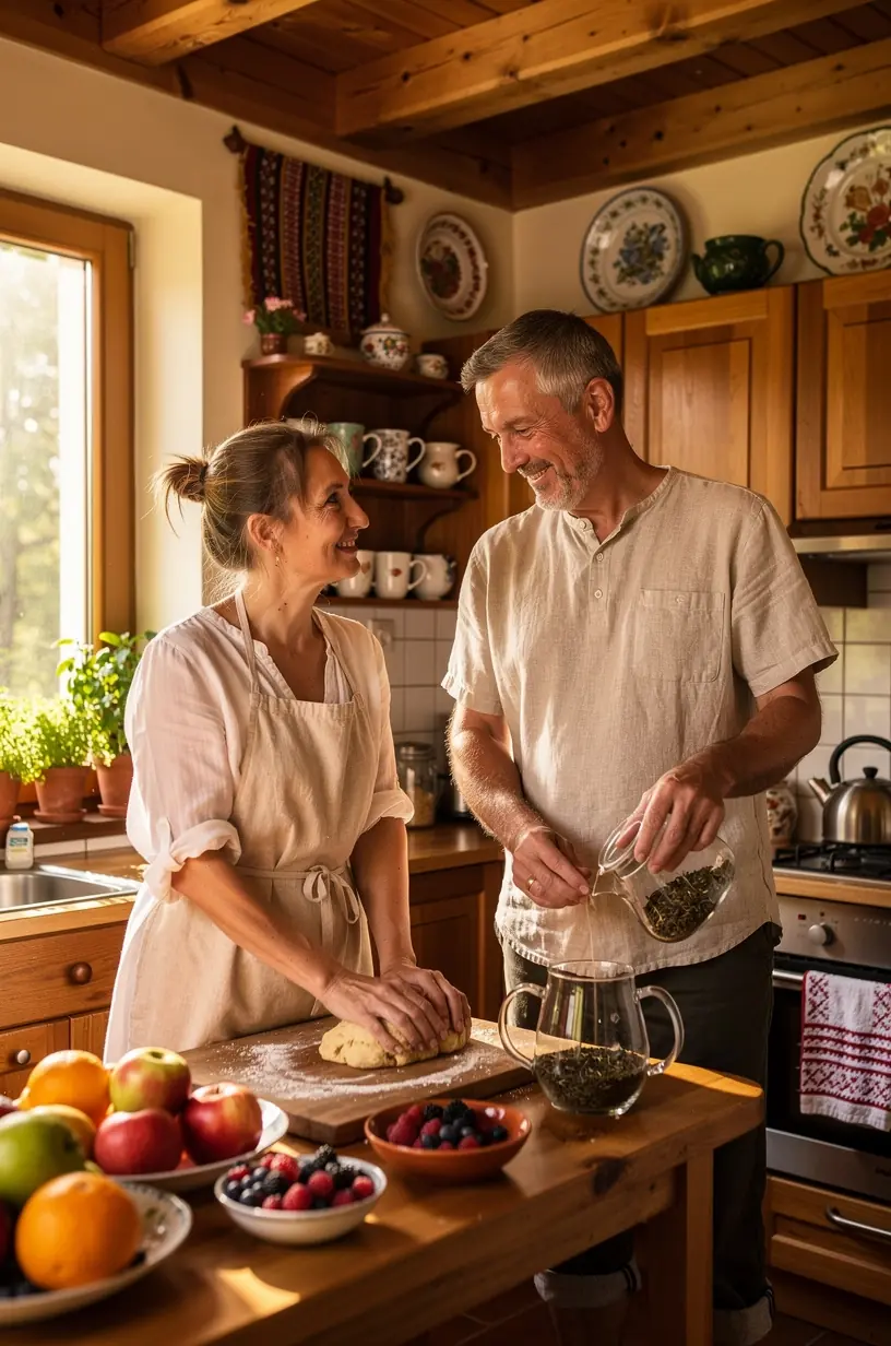 Žmogus atsipalaiduoja su arbatos puodeliu šviesioje, jaukioje namų aplinkoje.