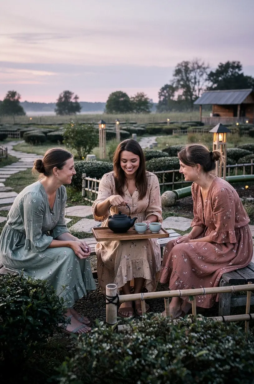 Ramus arbatos puodelis ant medinio stalo, skirtas atpalaiduojančioms akimirkoms ir streso mažinimui.