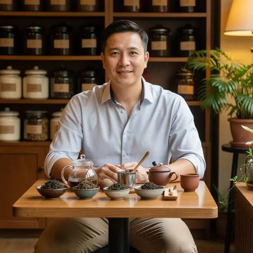 Ramus arbatos puodelis ant medinio stalo, šalia atpalaiduojančios žvakės ir knygos.