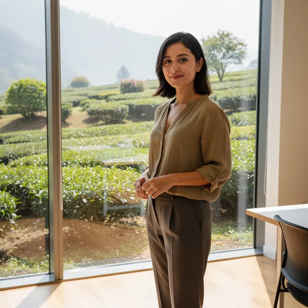 Žmogaus ranka laiko arbatos puodelį, fone matyti natūrali augalų kompozicija.