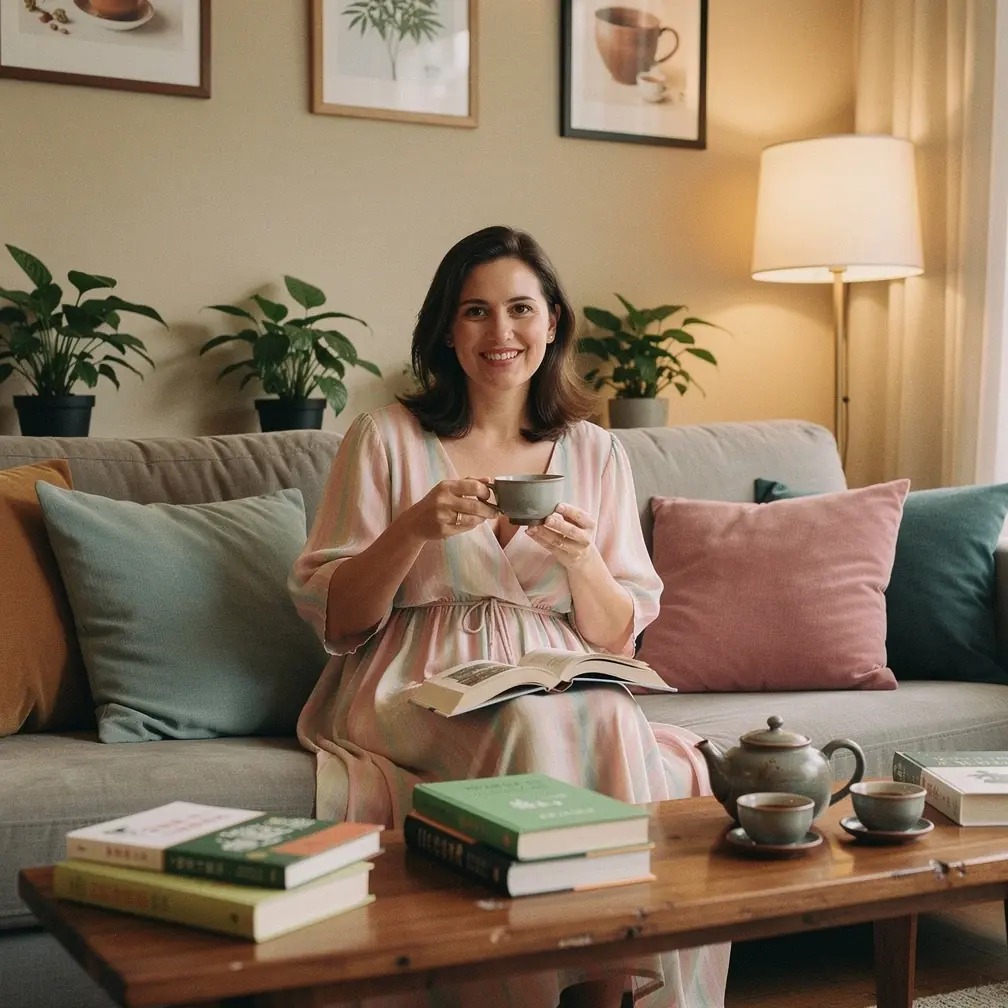 Asmuo tyliai mėgaujasi arbatos ritualu balkone, žvelgdamas į gamtos peizažą.